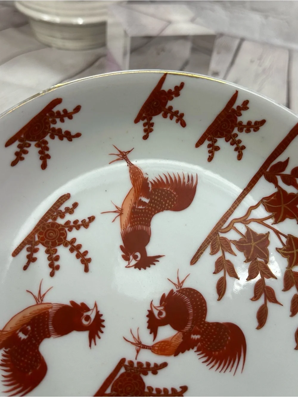 Vtg bowl Rust Red Rooster farmhouse rustic folk-art country cottage butterfly